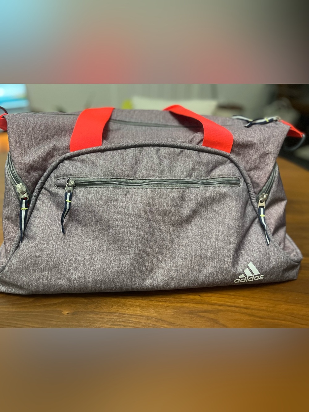 adidas Heather Gray Duffel with Bright Orange Handles
